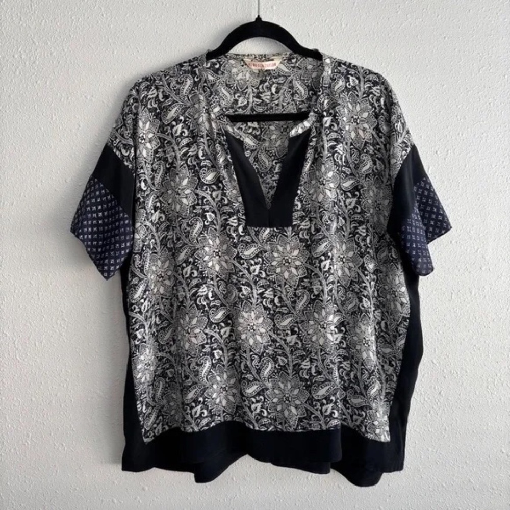 Rebecca Taylor 100% Silk Short Sleeve Oversized Blue Patterned Top